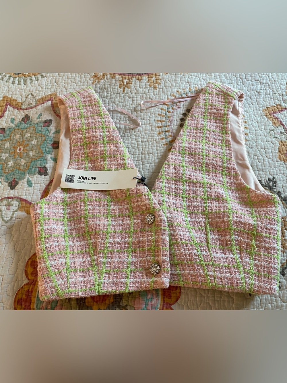 NWT Zara Pink Cropped Tweed Vest XS Jewel Buttons Fully Lined